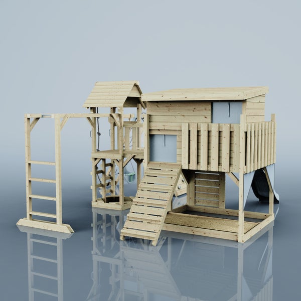 Holzspielhaus mit Rutsche, Klettergerüst, Strickleiter und Schaukel für den Garten