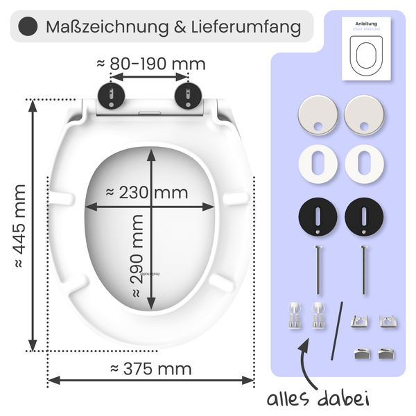 Maßzeichnung und Lieferumfang eines Toilettendeckels mit den Maßen 445 mm Länge, 375 mm Breite und einem Lochabstand von 80 bis 190 mm, inklusive Montagezubehör und Bedienungsanleitung.