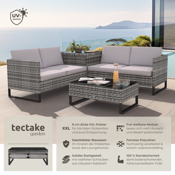 Rattan Lounge tectake Ostuni mit Sicherheitsglasplatte für 4 Personen grau