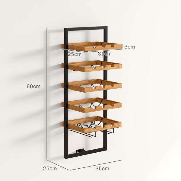 HOMCOM Weinregal Wand Flaschenregal für 15 Flaschen mit 5 Ebenen, Glashaltern Flaschenhalter für Küche, Bar, Esszimmer, Holz Braun