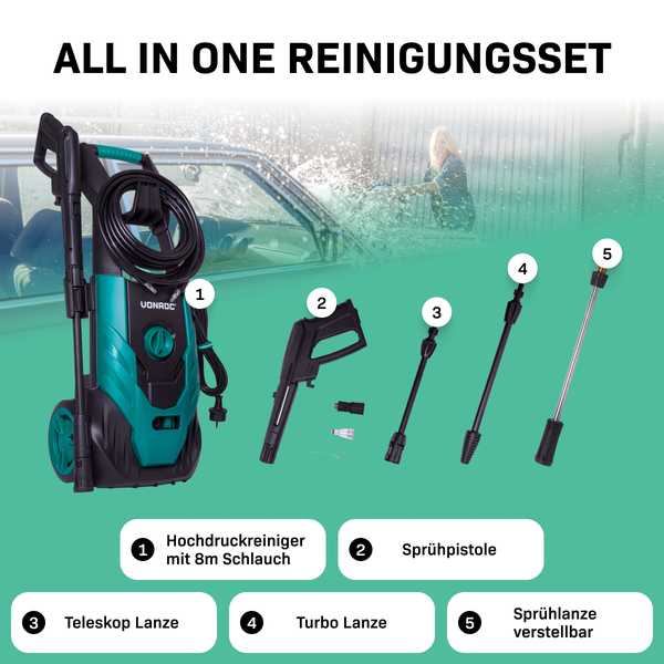 VONROC Hochdruckreiniger 140bar - Fassadenreiniger für mittlere Reinigungsarbeiten [1800W] - Durchfluss [420 l/h], Reinigungstank, Aluminium Pumpe - inkl. Zubehör Kit