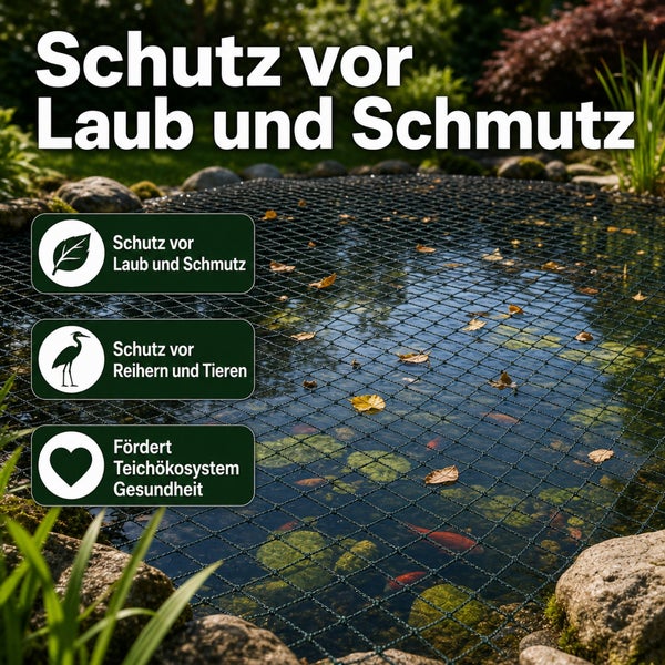 Teichschutznetz über einem Gartenteich zum Schutz vor Laub, Schmutz und Reihern für ein gesundes Teichökosystem.