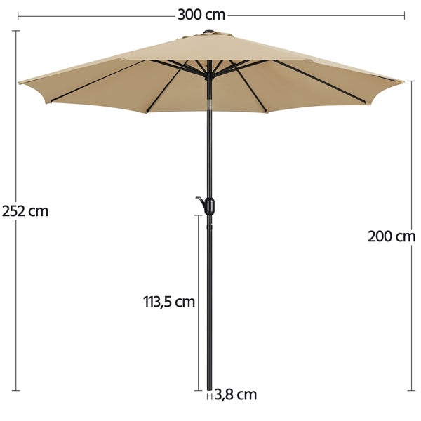 Sonnenschirm mit Kurbel, beige, Durchmesser 300 Zentimeter, Gesamthöhe 252 Zentimeter, Durchgangshöhe 200 Zentimeter, Mastdurchmesser 3,8 Zentimeter.