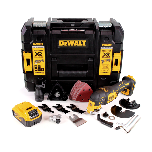 DeWALT Akku-Multitool DCS356 18 Volt Set mit TSTAK-Werkzeugkoffer, Akku und vielseitigem Zubehör wie Schleifpapier und Sägeblättern.