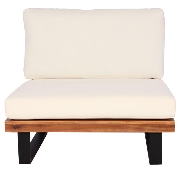 Modulares Loungesessel-Element mit Holzgestell, schwarzen Metallfüßen und cremefarbenen Polstern.