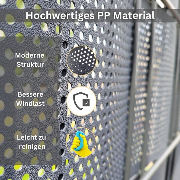 Produktbild mit Merkmalen: modernes Design, hohe Windlast und leichte Reinigung