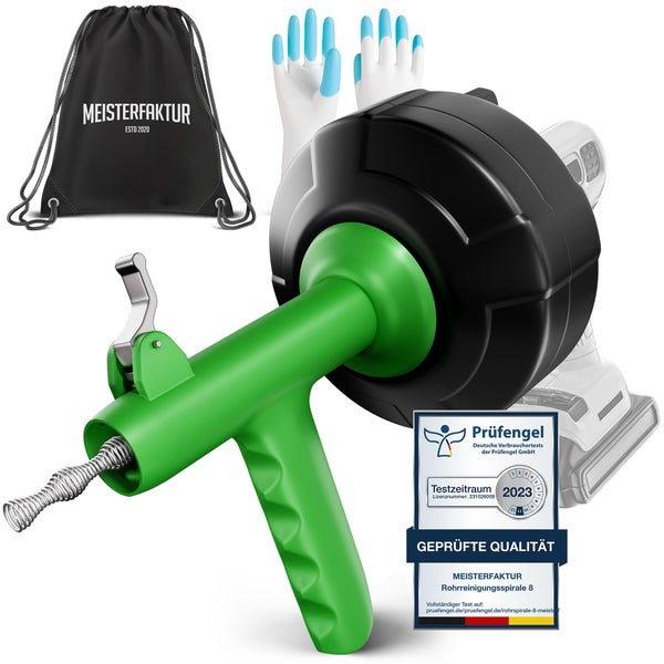 Meisterfaktur Rohrreinigungsspirale Set mit Handschuhen, schwarzem Transportbeutel und Prüfsiegel für geprüfte Qualität.