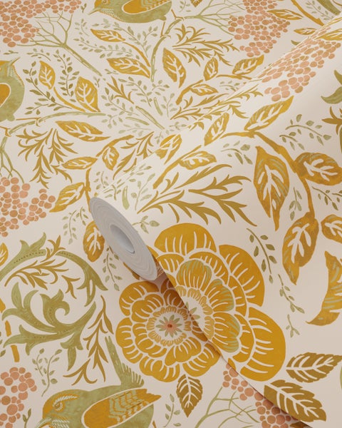 Tapetenrolle mit Vogel-, Blumen- und Blattmuster