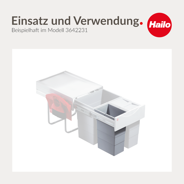 Hailo Einbau-Abfalltrennsystem Modell 3642231 mit ausziehbaren Mülleimern und Handfeger-Set. Hailo Logo.