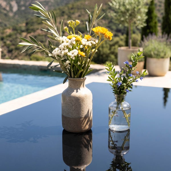 Zwei Blumenvasen mit gelben, weißen und blauen Blumen sowie Olivenzweigen auf einem spiegelnden Tisch im Außenbereich am Pool.