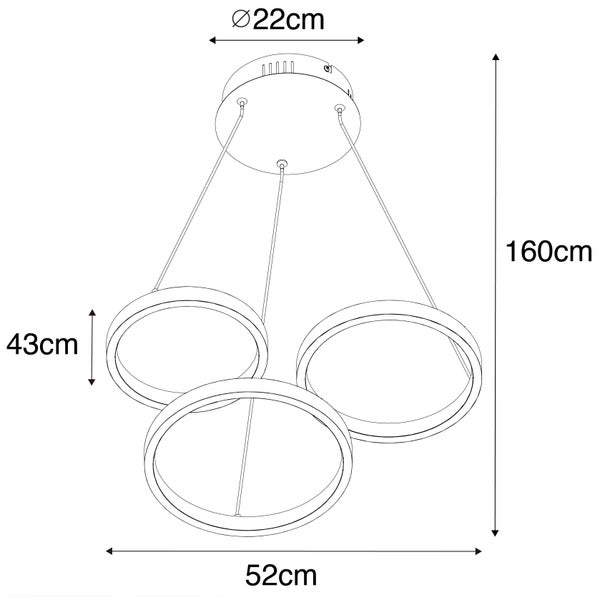 Technische Zeichnung einer Pendelleuchte mit drei Ringen und den zugehörigen Maßangaben