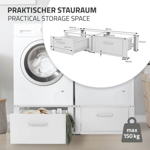 ML-Design Doppel Waschmaschinen Untergestell mit 2 Schubladen, Weiß, 128x53,5x31,5 cm, Waschmaschinen-Sockel 2-Fach 2x150 kg, Stahl, Doppeluntergestell Doppelpodest Sockel Erhöhung Trockner Unterbau