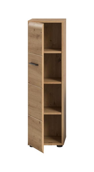 Hoher Badezimmerschrank in Holzoptik mit einer geöffneten Tür, schwarzem Griff und vier Einlegeböden.