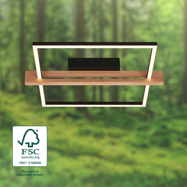 Briloner Moldura LED Deckenlampe, Stufen dimmbar, Holzdekor, Speicherfunktion, Warmweißes Licht, Schwarz-Holz, 43 x 35 x 7,5 cm
