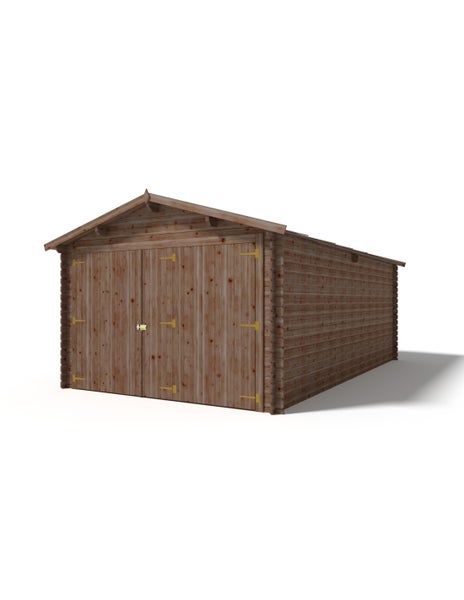 Holzgarage mit Satteldach und breiter Doppeltür in Blockbohlenbauweise.