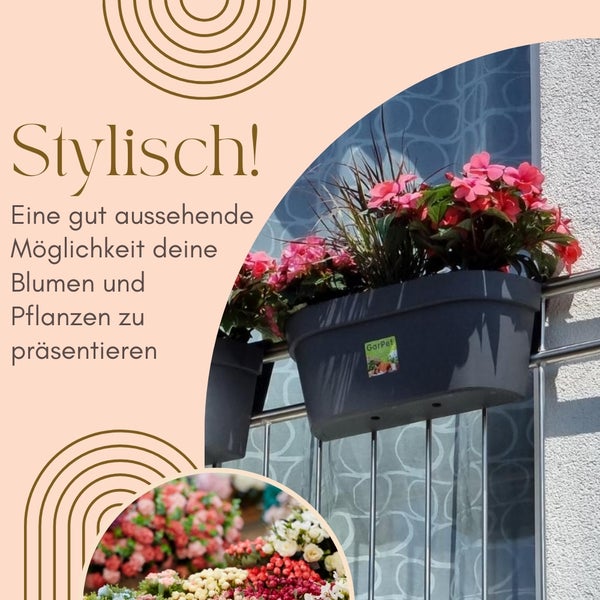 Blumenkasten am Balkongeländer mit bunten Blumen