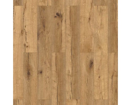 Laminatboden in Eichenoptik mit ausgeprägter Holzmaserung und Astlöchern.