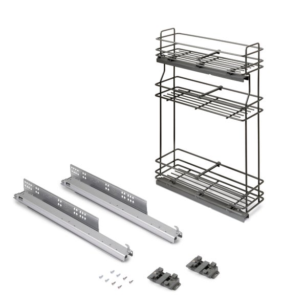Dreistöckiger Schrankauszug aus Metalldraht inklusive Vollauszügen, Halterungen und Schrauben.