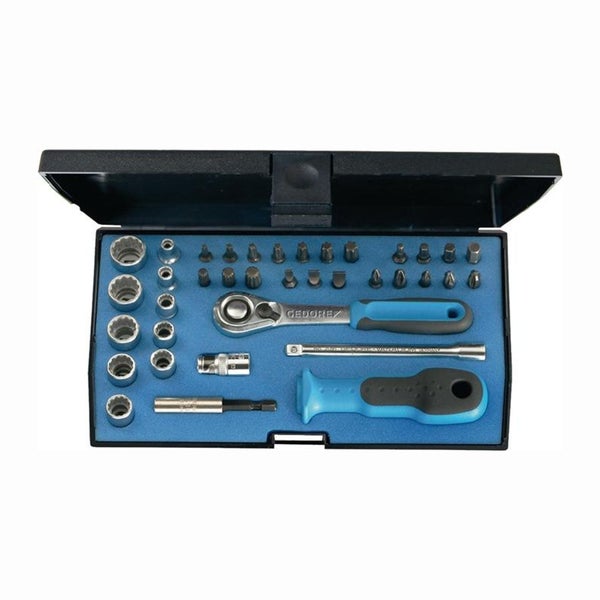 Gedore Steckschlüsselsatz mit Ratschengriff, Verlängerung und verschiedenen Bits in einem Werkzeugkoffer