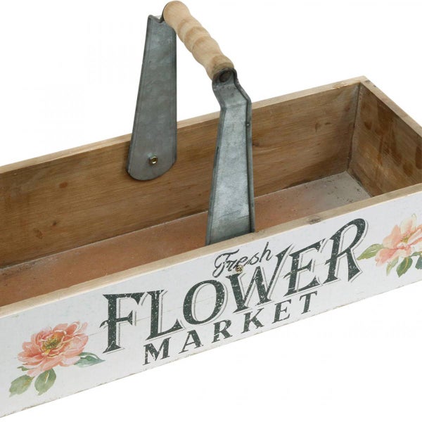 Blumenkasten mit Aufschrift Fresh Flower Market und Tragegriff