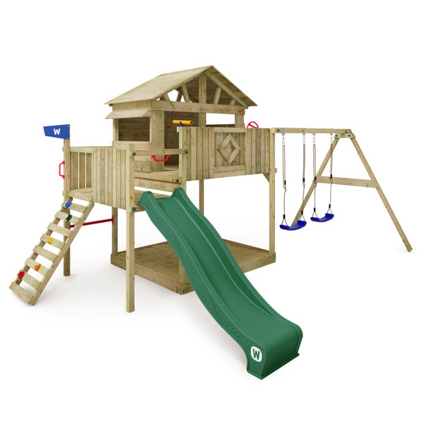 WICKEY Spielturm Klettergerüst Smart Peak mit Schaukel und Rutsche, Stelzenhaus mit Sandkasten, Kletterleiter und Spiel-Zubehör - grün