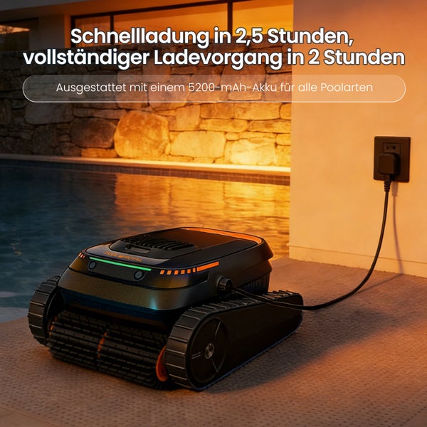 Poolreinigungsroboter von Pool Royal mit Raupenantrieb beim Ladevorgang an einer Außensteckdose auf einer Terrasse neben einem Swimmingpool.
