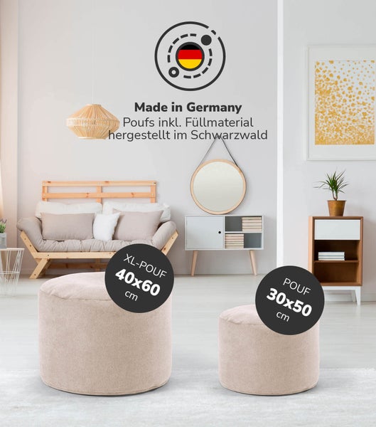 mokebo Pouf, Hocker o. Bodenkissen 'Der Ruhepouf' Sitzhocker rund und Fußhocker fürs Wohnzimmer, leichter Sitzpouf aus Stoff in Beige