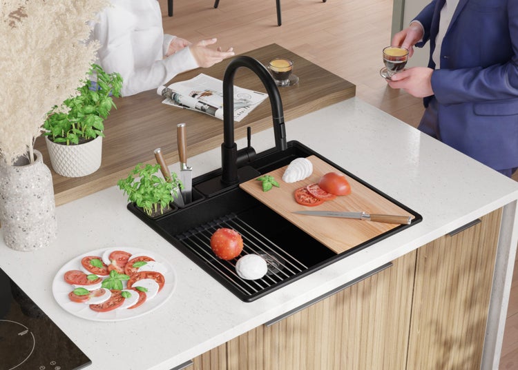 PRIMAGRAN Spülbecken Schwarz 58x53cm, Granitspüle 1 Becken + Ablauf-Set + Küchenzubehörset, Küchenspüle ab 60er Unterschrank - New York