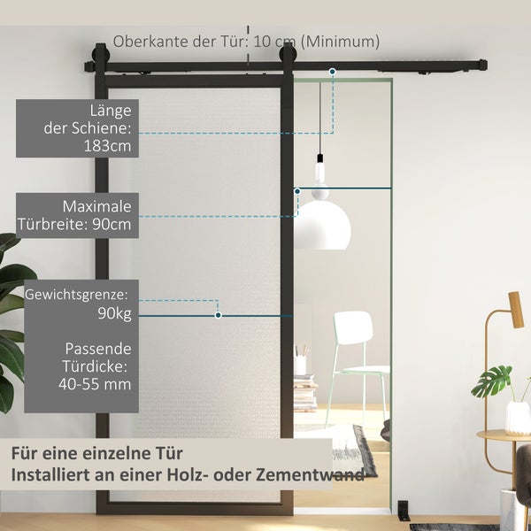HOMCOM Schiebetüren-Beschlagsatz 183 cm Komplett-Set mit Schienen, Rollen, Anti-Sprung-Vorrichtungen, Türstopper, Bodenführung, Schiebetürsystem aus Kohlenstoffstahl Schwarz