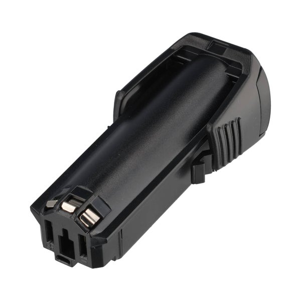 Schwarzer Lithium-Ionen-Akku für Elektrowerkzeuge mit metallischen Kontakten und seitlicher Arretierung.