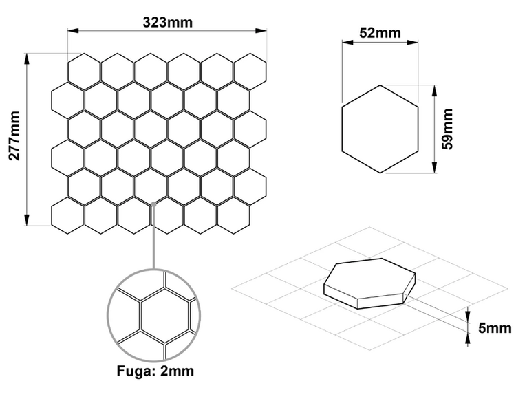 Keramikmosaik auf Netz für Bad oder Küche 32.3cm x 27.7cm  - White Hexagon