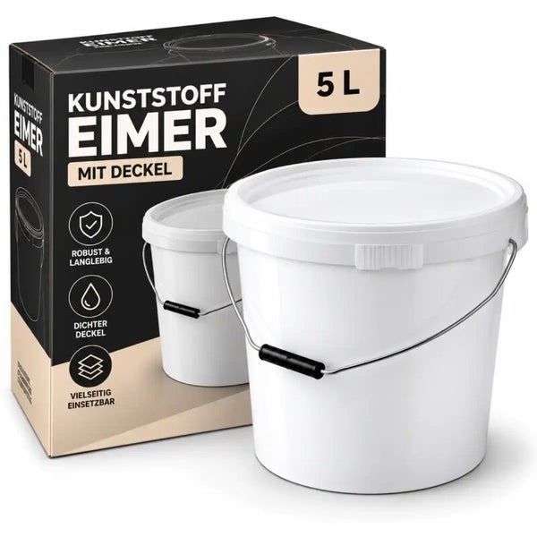 Kunststoffeimer mit Deckel 5 Liter für vielseitige Anwendungen, robust und langlebig.