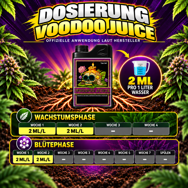 Infografik zur Dosierung von Voodoo Juice Pflanzendünger mit Anwendungstabelle für Wachstumsphase und Blütephase.