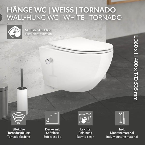 LuxeBath Wand WC Spülrandlos mit Bidet-Funktion, Weiß, Tiefspüler Keramik Hänge WC, lang 53,5cm, Dusch WC Softclose-Klodeckel, Tornadospülung, Glänzende Kloschüssel Hängend mit WC-Sitz Absenkautomatik