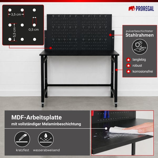 ProRegal Werkbank mit Lochwand aus Metall in Schwarz, fahrbar auf Rollen, inklusive 30-teiligem Halterset für Werkzeug. ProRegal Logo.