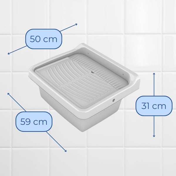 Abmessungen einer Badewannenarmatur: 50 cm Breite, 59 cm Länge und 31 cm Höhe.