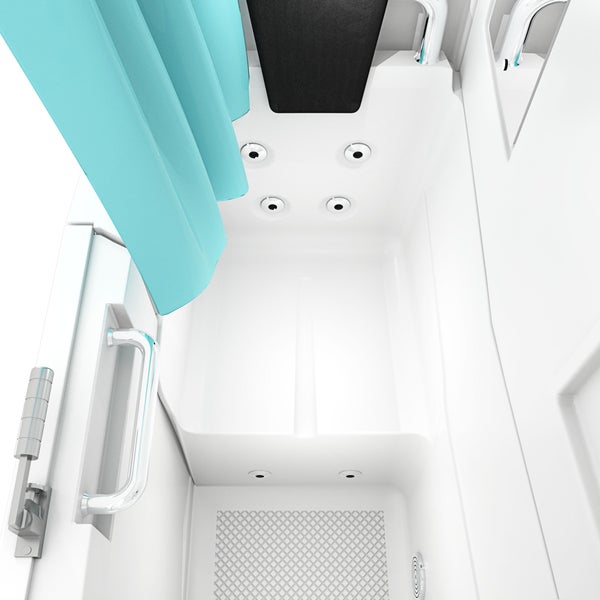 Weiße Sitzbadewanne mit Whirlpool-Düsen, schwarzer Kopfstütze und türkisem Vorhang in der Draufsicht.