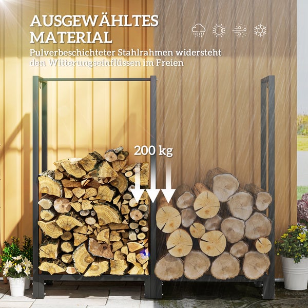 Outsunny Kaminholzregal, mit zwei Abschnitte, drei Haken, für Outdoor, Indoor, bis 200 kg, 123 x 32 x 115 cm, Stahl, Schwarz