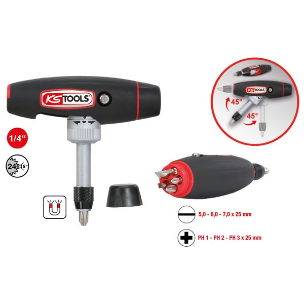 KS Tools Logo. Schraubendreher mit T-Griff, magnetisch, 45 Grad Winkel, 24 bis 15 Zähne