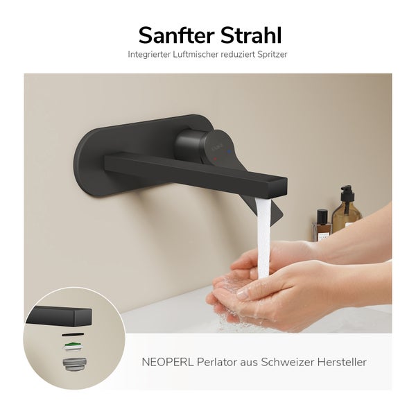 Wandmontierte Waschtischarmatur mit integriertem Neoperl Luftsprudler für einen sanften Wasserstrahl und reduzierte Spritzer.
