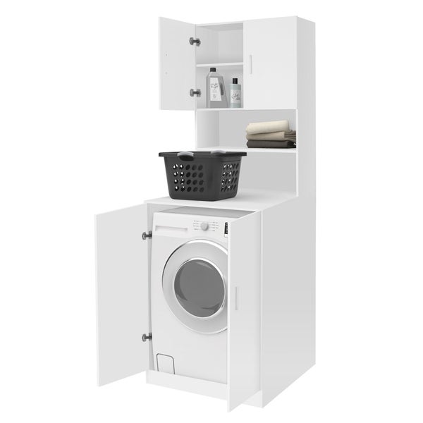 ECD Germany Waschmaschinenschrank 190x70 cm mit 4 Türen, Weiß, Badezimmerschrank für Waschmaschine/Trockner, Hochschrank Badmöbel Badregal Badschrank Umbauschrank Überbau Waschmaschinenüberbau