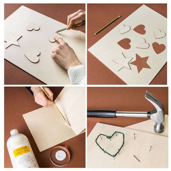 Schritt-für-Schritt-Anleitung für ein Bastelprojekt mit Holzplatten, Bleistift, Universalkleber, Hammer, Nägeln und Schnur für dekorative Formen.