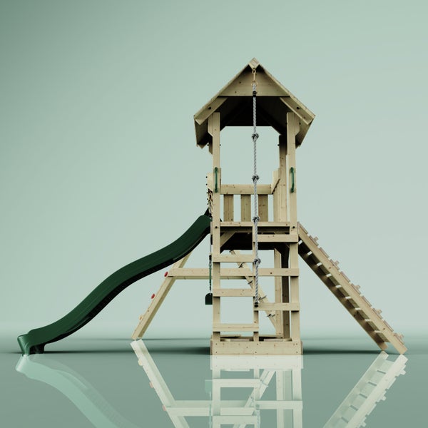 Spielturm aus Holz mit Rutsche, Kletterwand und Strickleiter