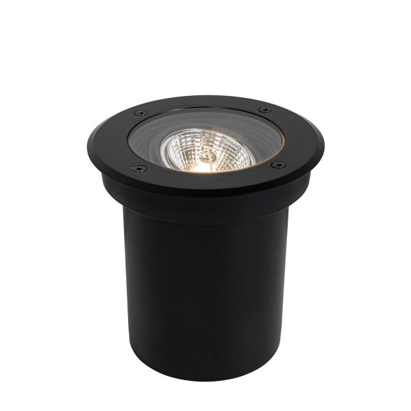 Schwarzer Boden-Einbaustrahler für den Außenbereich mit runder Glasabdeckung und sichtbarem Leuchtmittel.