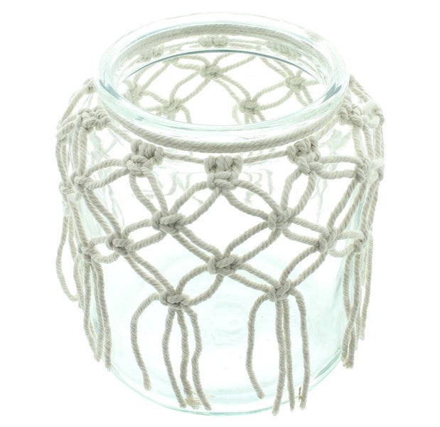 FRANK FLECHTWAREN | Windlicht Makramee, GLAS, BAUMWOLLE, Ø 17,5 x 21 cm