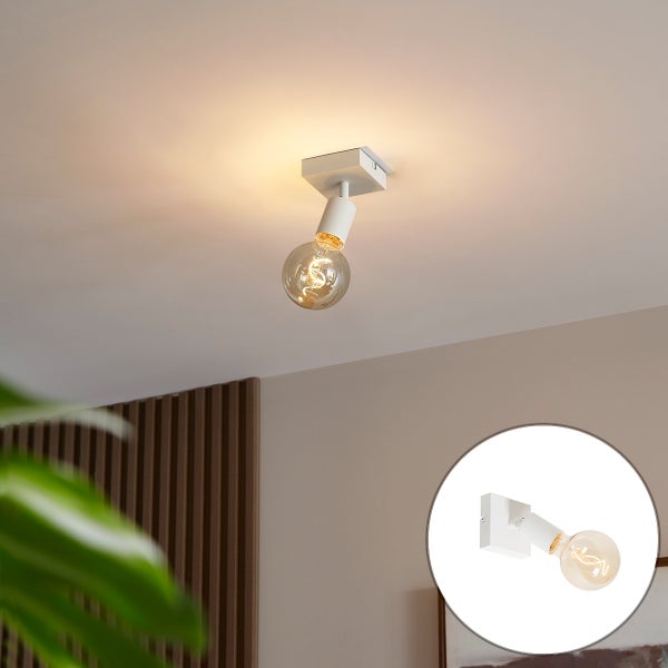 Weißer verstellbarer Aufbaustrahler mit Globe-Filament-Leuchtmittel für Decken- oder Wandmontage.