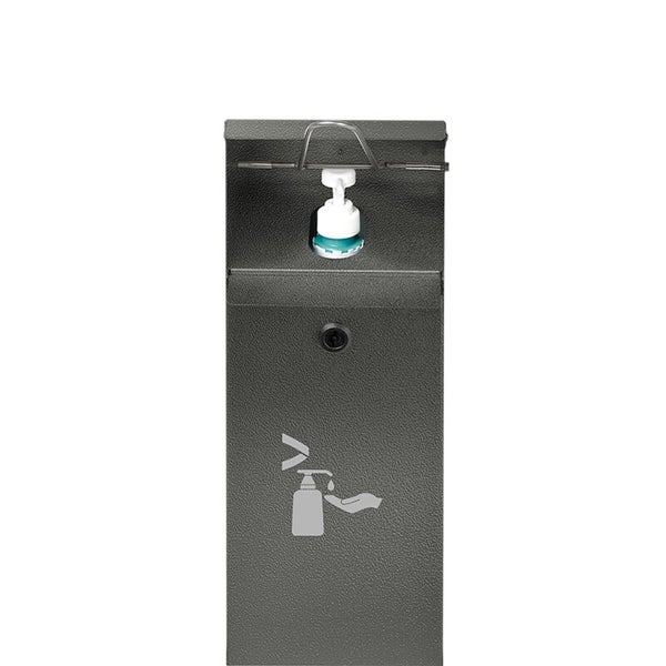 Anthrazitfarbener Desinfektionsmittelspender aus Metall mit Pumpmechanismus und Symbol für Handdesinfektion.