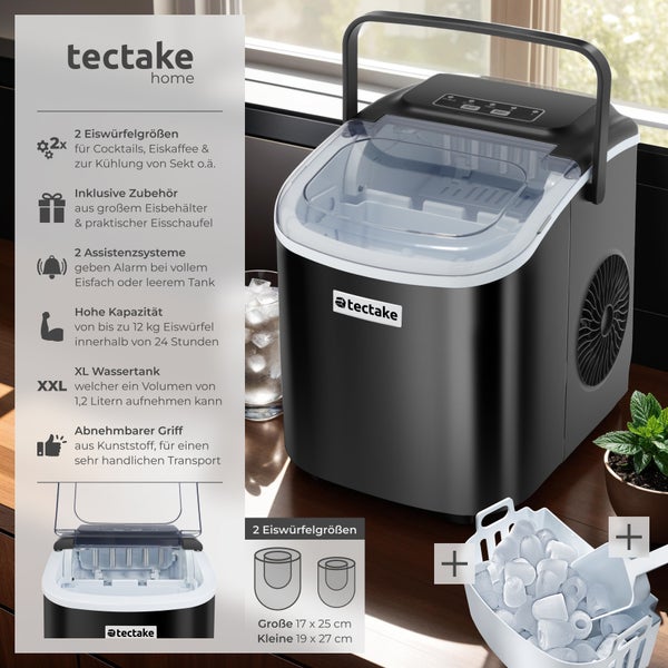 Eiswürfelmaschine tectake Arctic inklusive Eiskorb und Eisschaufel 1,2 l Wassertank, 2 Eiswürfelgrößen schwarz