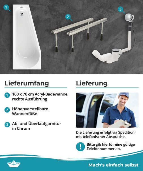 Lieferumfang einer 160 mal 70 Zentimeter Acryl-Badewanne, rechte Ausführung, inklusive Wannenfüßen, Garnitur und Hinweis zur Speditionslieferung.