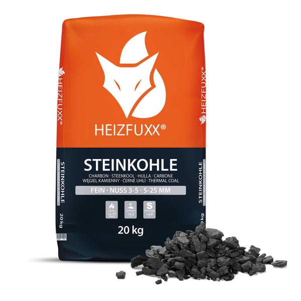 Heizfuxx Steinkohle Fein Nuss 3 bis 5, 20 Kilogramm Sack mit Steinkohle
